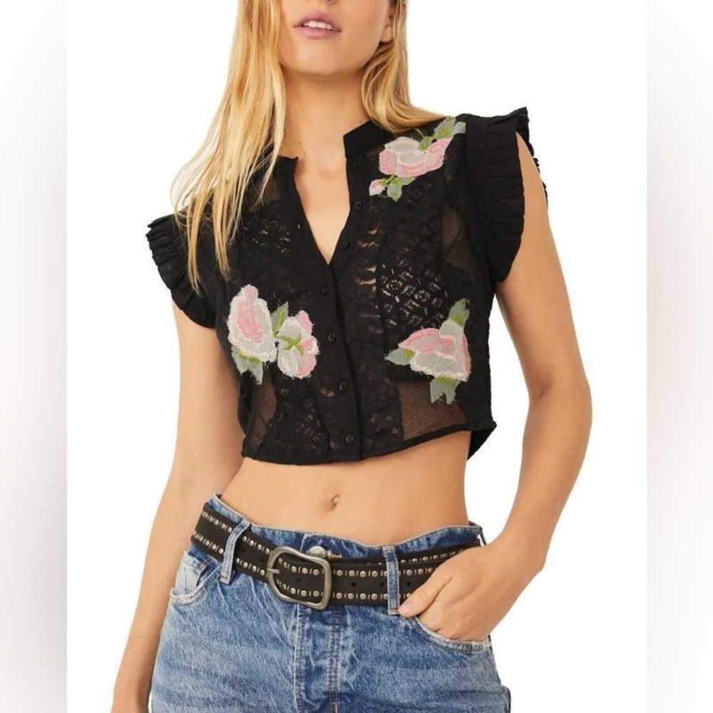 Free People Rose Garden Embroidered Lace Top - Black - XS - NWT